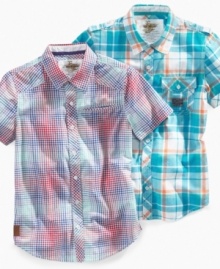 Crossover style. These bright, colorful short-sleeve shirts from Epic Threads blend perfectly with his fresh style.