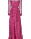 With a fun leopard print in eye-catching fuchsia and black, Valentinos floor-length silk gown is a decidedly decadent choice for your most special evening event - Round neckline, long sleeves, buttoned cuffs, hidden back zip, slit with button closure at nape, matching bow belt, side belt loops, spaghetti strap slip lining - Fitted bodice, full skirt, floor length - Wear with high-heel sandals and a sleek leather clutch