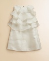 Beautiful, cascading ruffles adorn the front of this lovely organza frock in a classic A-line silhouette.Jewel necklineSleevelessHidden back zipperRuffled bodiceFully linedPolyesterDry cleanImported