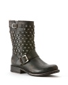 Frye makes the must-have moto bootie its own with distinctive, disc-shaped studs and signature, distressed leather.