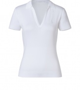 Detailed in super soft mercerized cotton with a feminine open neckline, Ralph Laurens polo is a contemporary take on this iconic style - Small collar, open placket, short sleeves, tonal embroidered polo player at chest - Slim fit - Wear with your favorite jeans and just as bright loafers