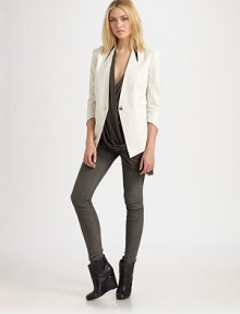 Architectural lines shape this impeccably tailored cropped blazer.Mock point collar insetV necklineThree-quarter sleevesSingle-button closureBodice dartsWelt pocketsBack vent at hemAbout 28 from shoulder to hem44% cotton/29% linen/21% ramie/6% elastaneDry cleanMade in USA of Italian fabricModel shown is 5'9½ (177cm) wearing US size 4.