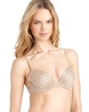 An abstract printed lace underwire bra with logo stamped straps.