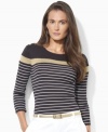 Elegant Lauren-embossed buttons adorn the shoulders of Lauren Ralph Lauren's lightweight petite cotton tee accented with eyecatching stripes and metallic sheen.