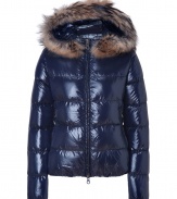 Stay warm while maintaining your impeccable style in this lightweight yet luxe down jacket from Duvetica - Fur-lined hood, front two-way zip closure, long sleeves, zip pockets, quilted - Wear with an elevated jeans-and-tee ensemble and shearling lined boots