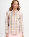 Swirls of corded fabric adorn the neckline of this cheery plaid classic, tailored in breezy stretch cotton.Stand collar with split neckline Corded fabric embellishment Long sleeves with button cuffs Side vented hem About 26 from shoulder to hem 97% cotton/3% spandex Machine wash Imported