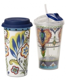 Fun and functional, Tabletops Unlimited travel mugs combine the bold patterns and colors of Bocca dinnerware with smart on-the-go features for hot and cold drinks. A silicone lid and pop-up straw keep spills to a minimum.