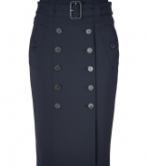 Cut a feminine figure at the office in Burberry Londons ultra sleek belted midi-skirt, detailed with logo buttons for that military-chic feel - Buttoned front, side slit pockets, belted waistline, metal back zip, kick pleat - Form-fitting, high-waisted - Wear with feminine tops and peep-toes, or with tucked in knits and high-heel ankle boots