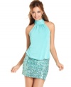 Paint the town turquoise in this hot party dress from Speechless, where a blouson-style halter top offsets a glimmering skirt!