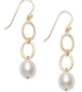 Crazy for shapes. These chic oval drop earrings are crafted in 14k gold with a refined cultured freshwater pearl drop at the bottom (9 mm). Approximate drop: 2 inches.