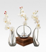 Complete with a silk orchid set at a rakish angle, this bud vase turns a round, tapered band of signature alloy and a glass teardrop center into an objet d'art suitable for any room in the house. Includes silk orchid Metal alloy/glass 9W X 8H Hand wash Imported 