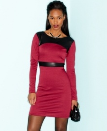 Tough-stuff faux-leather insets and a skin-baring back make Four Star's ponte-knit dress a five-star look!