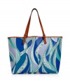 Stash away your warm weather essentials in Emilio Puccis characteristic printed PVC tote, detailed with smooth leather handles for a polished look - Belted leather double top handles, bright blue interior - Wear with a sundress and sandals in the city, or carry to the beach with a bright string bikini