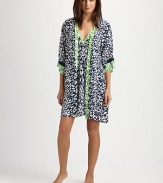 EXCLUSIVELY AT SAKS. Lightweight and summer-ready, a bold geometric print in fresh hues covers this classic silhouette. Cross-over frontThree-quarter kimono sleevesContrast trim at neckline and cuffsSelf-tie waistAbout 36 from shoulder to hemPolyesterMachine washImported