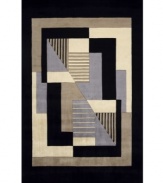 If you crave modern art, you'll love the unique design of this sophisticated contemporary area rug. Bordered and accented with deep black tones, the rug features a collection of clean-lined shapes and sharp edges, creating a fresh, modern look in any space. Hand-tufted and hand-carved of Chinese wool, the rug offers ultimate softness combined with an unparalleled smooth shine.