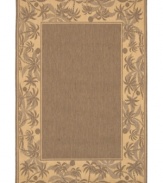 Create your own island retreat with this beige area rug, bordered in calming images of sand and palm trees. Great for patios, decks or vacation homes, the Recife rug can go almost anywhere! Power-loomed of Couristan's durable polypropylene blend, this soft piece is pet-friendly and resistant to mold and mildew.