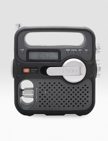 A must-have for hikers and campers features an essential AM/FM/NOAA weather radio, cellphone charger and flashlight...all self-powered by solar energy. LED light source Ni-MH battery powered by solar energy or hand-cranks Connectors with rubber plugs Headphone jack, USB charger 6¼W X 6½H X 2¾D Imported