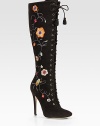 Lace-up design of suede with elegant floral embroidery, chic tassels and a sky-high heel. Self-covered heel, 4¾ (120mm)Shaft, 14¼Leg circumference, 13Suede upper with floral embroideryBack ZipLeather lining and solePadded insoleMade in ItalyOUR FIT MODEL RECOMMENDS ordering one size up as this style runs small. 