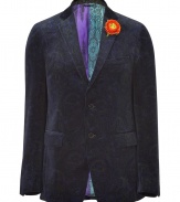 Channel classic dandy style in this psychedelic printed blazer from Etro - Notched lapels with contrast color detail at neck, two-button closure, single chest pocket, flap pockets at waist, decorative flower pen at collar, all-over paisley print - Pair with slim trousers or jeans, a button down, and brogues