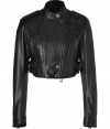 Inject tough-girl cool into your outerwear wardrobe with Belstaffs ultra chic cropped leather biker jacket - Snapped stand-up collar, long sleeves, zippered cuffs, off-center front zip, snapped front panel, epaulettes, zippered slit pockets, belted sides - Cropped close fit - Team with everything from classic knits and jeans to feminine dresses and combat boots