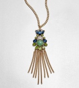 A stunningly colorful stone cluster with a chain link tassel on a link chain. Glass stonesAntique-finished goldtoneLength, about 24Pendant size, about 5Lobster clasp closureImported 