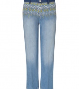 Stylish jeans in fine, blue cotton and silk blend - Supremely soft, lighter weight denim with gorgeous, yellow and white embroidery - Pale blue rinse has a chic, worn-in appeal - Roomy boyfriend cut crops at ankles - Crease detail lengthens and flatters the leg - Contrast darker waistband with belt loops and button closure - Slash pockets at sides, welt pockets at rear - Pair with a tunic top, silk tank or simple t-shirt and sandals