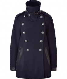 With a flattering flared silhouette and a dramatic high neck, the classic pea coat gets a decidedly downtown update from Belstaff - Dramatic stand-up collar with belt detail, epaulets with silver-toned button, double-breasted, front button placket, flared silhouette, leather detailed pockets and cuffs - Pair with high-waisted skinny pants, a modernized pullover, and high heel booties