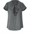 A stylish go-to for work or play, this ruffle-detailed silk top from Steffen Schraut injects easy elegance to any look - Gathered round neck, short sleeves, ruffle front bodice, gathered back yoke, slightly curved hem, relaxed silhouette - Style with slim trousers, a pencil skirt, or skinny jeans