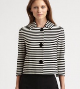 Bold button details and sporty stripes define this cropped design.Foldover collarSnap front with button detailsThree-quarter sleeves with vented cuffsInverted back pleatFully linedAbout 18 from shoulder to hemCottonDry cleanImported of Italian fabricModel shown is 5'10 (177cm) wearing US size 4. 