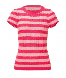 Stylish top in fine, coral and pink striped virgin wool - On-trend twist cable knit - Slim, feminine silhouette, hits below hips - Cap sleeves and crew neck - A chic update on a classic wardrobe staple, great for both business and leisure - Style with black trousers, wide-leg denim or a balloon skirt