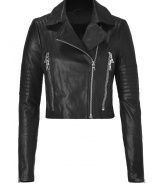 Rock into the new season in J Brands ultra luxe lambskin biker jacket, compete with modern hardware for that cool urban edge - Notched lapel, long sleeves, zippered cuffs, off-center front zip, two-way zippered slit pockets, quilted sleeve detail, cropped, form-fitting - Pair with edgy separates and color-pop accessories