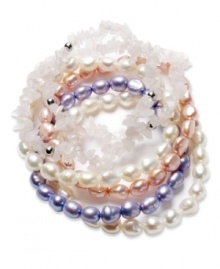 Contemporary classics. This sterling silver bracelet set from Fresh by Honora is adorned with white raspberry and blueberry baroque cultured freshwater pearls (6-7 mm), as well as rose quartz (110 ct. t.w.) for a stunning effect times six. Lycra cord stretches to fit wrist. Approximate length: 7-1/4-7-1/2 inches.