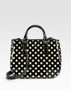 A versatile shape in glossy patent leather is freshened with vintage-inspired polka dots. Detachable shoulder strap, 20½ dropDouble adjustable top handles, 3¼-5 dropMagnetic snap closureOne inside zip pocketTwo inside open pocketsCotton lining13W X 10H X 5DImported