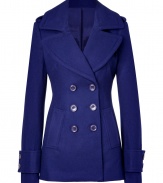 Inject deep color into your outerwear favorites with Rachel Zoes tailored pea coat, detailed with  metal accented hardware for a chic, eye-catching finish - Notched collar, long sleeves, buttoned tabbed cuffs, epaulettes, double-breasted button-down front, slit pockets, back sash, back vent - Slim tailored fit - Wear with casual separates and neutral-hued accessories