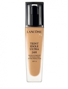 Wear and comfort. Retouch-free. Divine perfection. SPF 15 sunscreen. 24-hour wear for divine, lasting perfection. Following 8 years of research, Lancôme unveils its first 24-hour wear foundation for lasting perfection.  With its new EternalSoft technology, Teint Idole Ultra 24H defeats all challenges. Complexion stays perfectly flawless and unified. Never cakey. In perfect affinity with the skin, Teint Idole Ultra 24H is irresistibly comfortable.