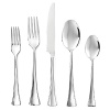 With a mirrored finished and flared, fan-shape handles, this flatware set adds a hint of modernity to your table. This item includes 1 5-piece place setting and is made of 18/10 stainless steel by Ginkgo. Dishwasher safe.