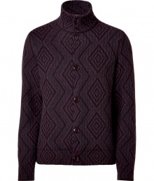 Luxurious purple wool cardigan - This cardigan is super stylish with a high neck and updated argyle pattern - Perfect for layering, this sweater is a key piece for any wardrobe - Style with straight leg jeans and trainers - Wear with slim trousers, a t-shirt, and moto boots