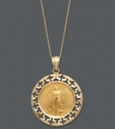 For style that's simply divine -- this luminous pendant makes the perfect addition. Crafted in 14k gold, pendant features an intricate coin center edged by a cut-out Greek key pattern. Approximate length: 18 inches. Approximate drop: 1 inch.