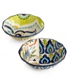 Set an everyday table that's always exciting with Bocca Geo pasta bowls, featuring bold patterns and vivid colors in scalloped earthenware from Tabletops Unlimited.