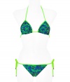 Stylish bikini in fine, aqua synthetic fiber blend - Especially comfortable and flattering, thanks to a generous amount of stretch - Vibrant, lime-piped butterfly motif - Triangular halter top with adjustable cups ties at back and nape of neck - String brief ties at hips, offers modest coverage at rear - Sexy and fun, a must for you next vacation or beach getaway - Wear solo or layer beneath a caftan and pair with wedge sandals