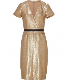 Cut a stunning figure at your most festive evening events in Burberry Londons allover sequined sheath dress - Wrapped bodice, short sleeves, black sash, metal back zip - Tailored fit - Wear with heels and a sleek leather envelope clutch