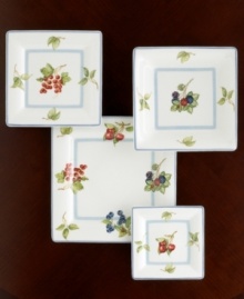 Villeroy & Boch's Cottage Inn square plates are a colorful addition to the sophisticated table. Lush, dancing clusters of ripened blueberries, raspberries and cherries are a stunning contrast on creamy white porcelain and lend every meal a touch of traditional elegance. Dinner plate shown center.