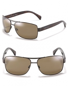 Handsome rectangle wrap sunglasses with polarized lenses and printed havana arms.