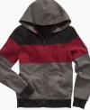 Color blocking comes on strong in this striped zip-up hoodie from Epic Threads.