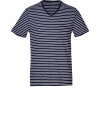 Detailed in a breezy mix of cotton and linen, Vinces striped V-neck tee is a cool choice for grounding your warm weather look - V-neckline, short sleeves, chest pocket - Slim fit - Wear with everything from chinos and sneakers to shorts and flip-flops