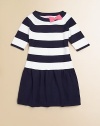 Your little sailor girl will look the part in this adorable, nautical-inspired frock with bold stripes and contrasting bow.BoatneckThree-quarter length sleevesPullover styleSlight drop-waistCottonMachine washImported