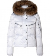 Maximize your sporty, slope-ready style in this ultra-luxe fur-trimmed down jacket from Jet Set - Raccoon fur-trimmed hood, concealed front zip closure with front snap placket, long sleeves, zip pockets and slash pockets, quilted - Fitted silhouette - Pair with jeans or leggings for the city and chic ski pants for the slopes