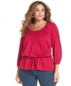 Chic casual style is a cinch with Jones New York Signature's three-quarter-sleeve plus size top, featuring a pintucked front and drawstring waist.