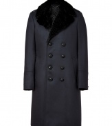 Opulent without being over-the-top, Burberry Londons fur detailed wool coat is a luxurious investment guaranteed to upgrade your elegant outerwear wardrobe - Notched lapel, removable black rabbit fur collar, long sleeves, buttoned cuffs, double-breasted button-down front, buttoned back sash, buttoned back vent - Contemporary straight fit, hits mid-thigh - Wear with chic tailored trousers and flawless leather footwear