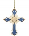 Be reminded of the meaning of Christmas with this cross ornament from Lenox, crafted of lovely porcelain with blue and gold embellishments. With gold hanging thread.